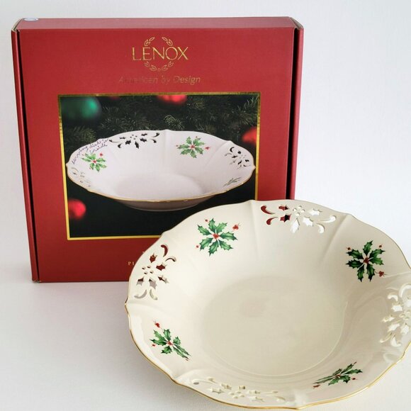 Lenox Other - Lenox Holiday Pierced Low Bowl, Gold Trim Christmas Holly Design, Festive Dining